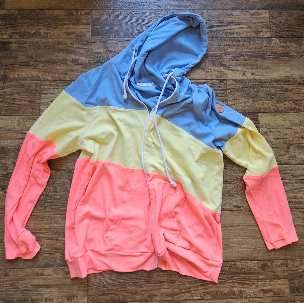 Michelle Mae 2XL Colorblock Full Zip Hoodie in Blue, Yellow, and Coral